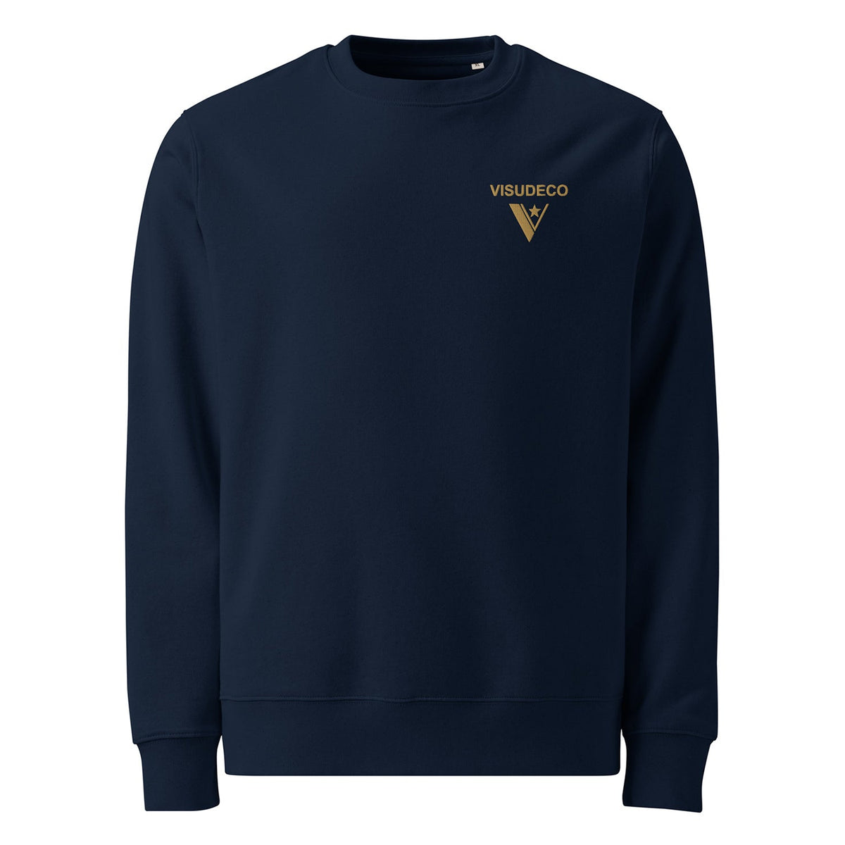 Back of cotton sweatshirt in navy blue, with golden sun print and golden city background.