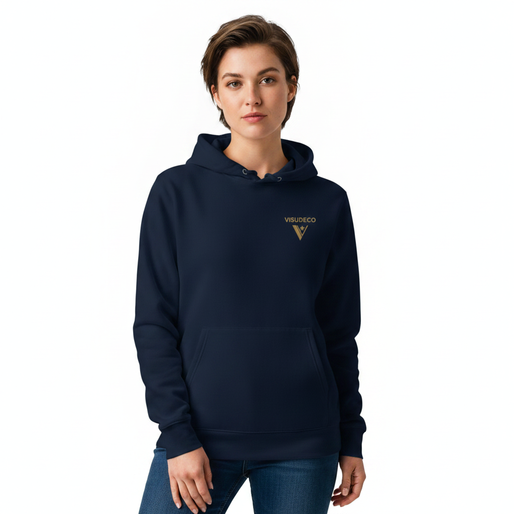 A woman modeling a navy blue pullover hoodie with a small golden VISUDECO logo on the left chest, paired with blue jeans against a plain white background.