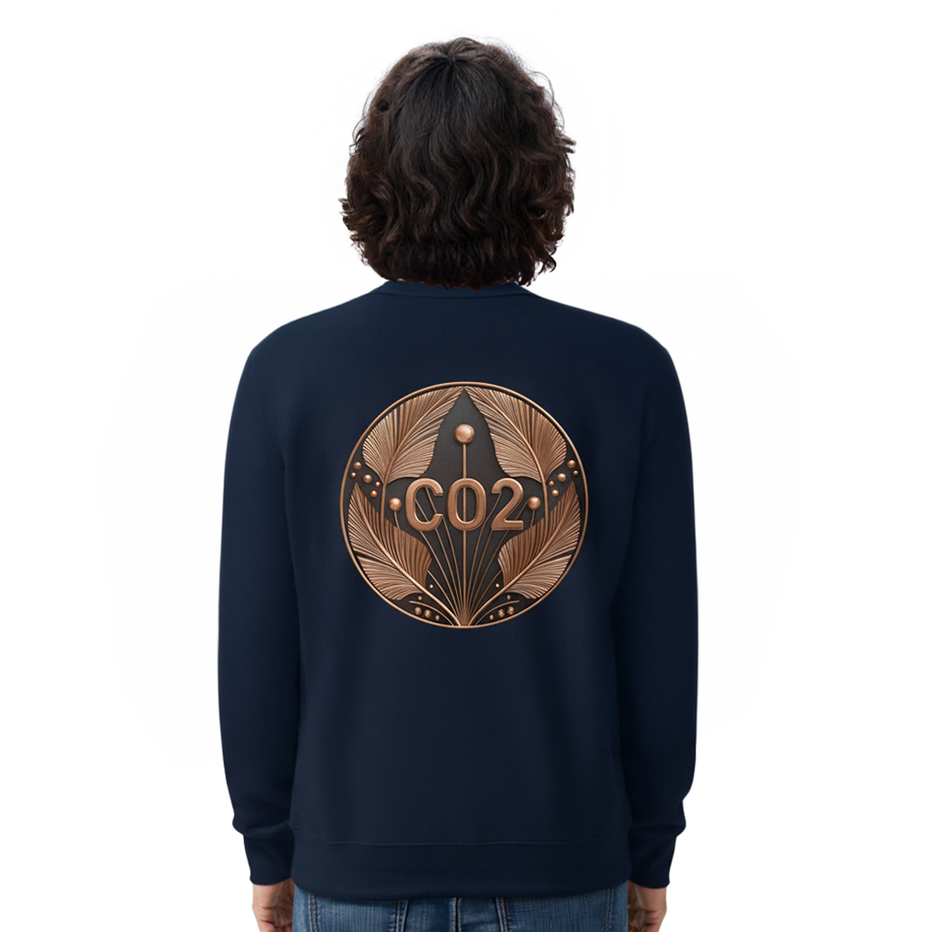 A person viewed from the back wearing a navy crewneck sweatshirt with a large circular bronze graphic on the back featuring the text 'CO2' and leaf-like design, paired with blue jeans against a plain white background.