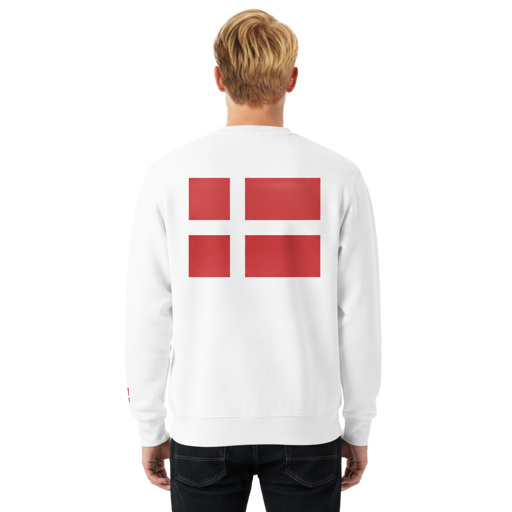 A man wearing a white sweatshirt with a Danish flag on the back.