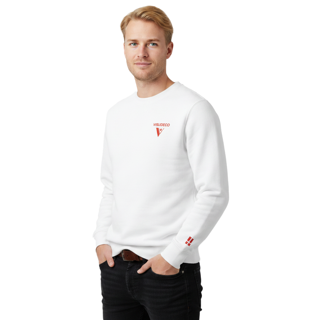 A man wearing a white crewneck sweatshirt with a small logo on the left chest and a Danish flag on the left sleeve cuff, paired with black jeans against a plain white background.