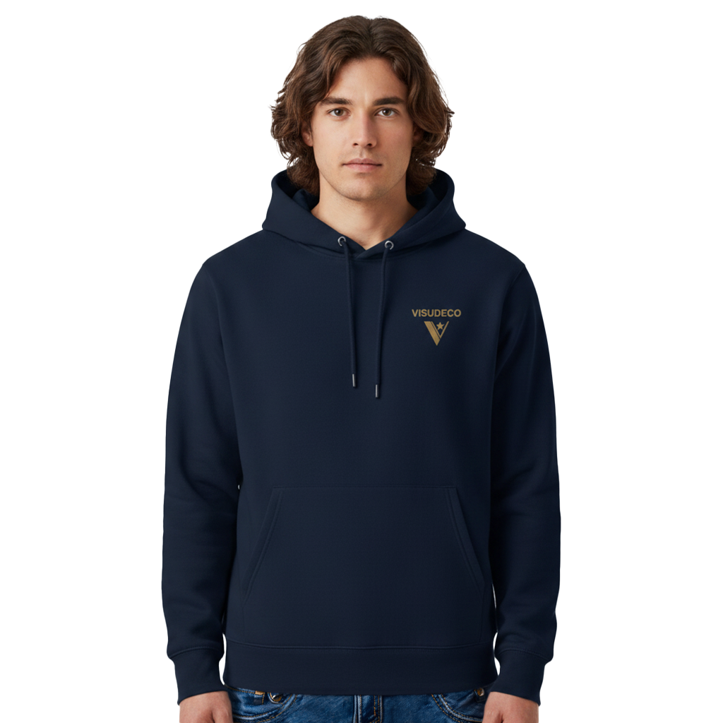 A man wearing a navy blue pullover hoodie with a gold and white VISUDECO logo on the left chest, set against a plain white background.