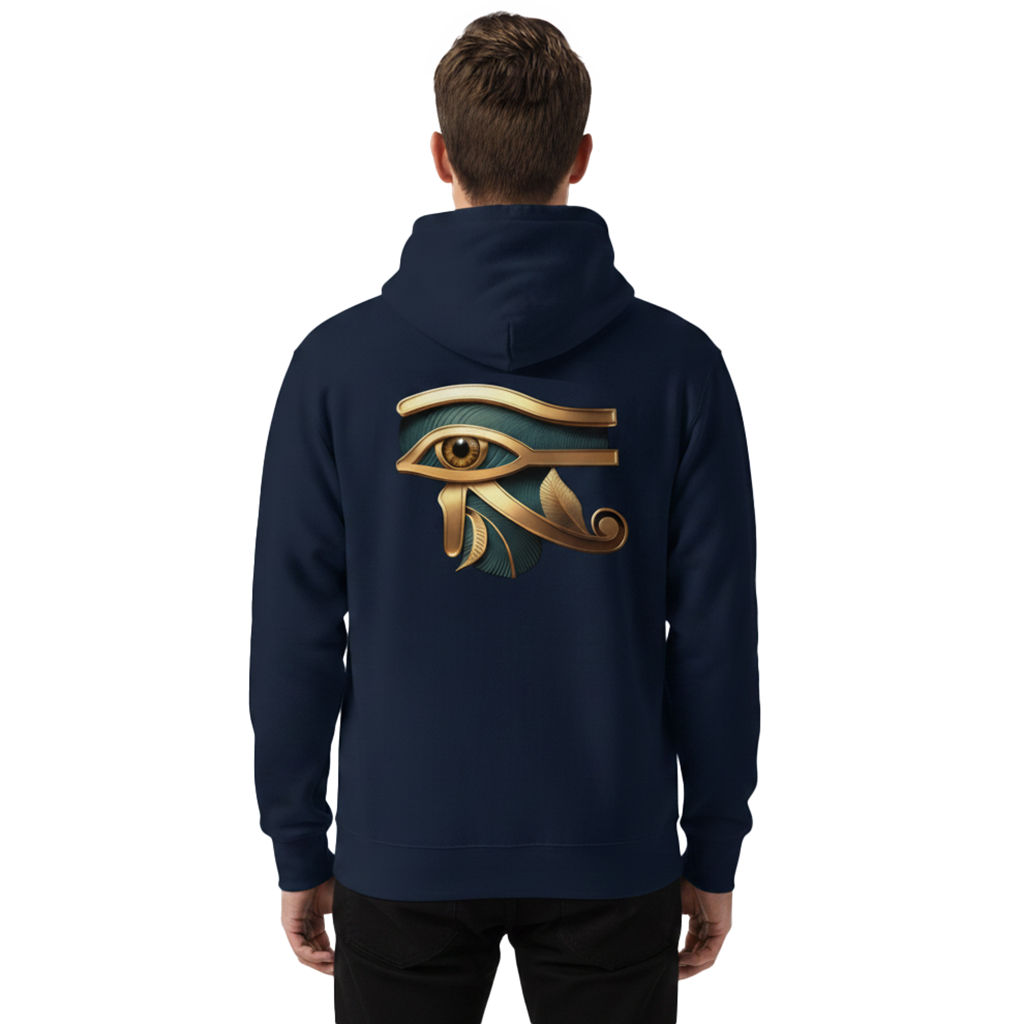 Navy hoodie with a gold and green eye design on the back, worn by a person.