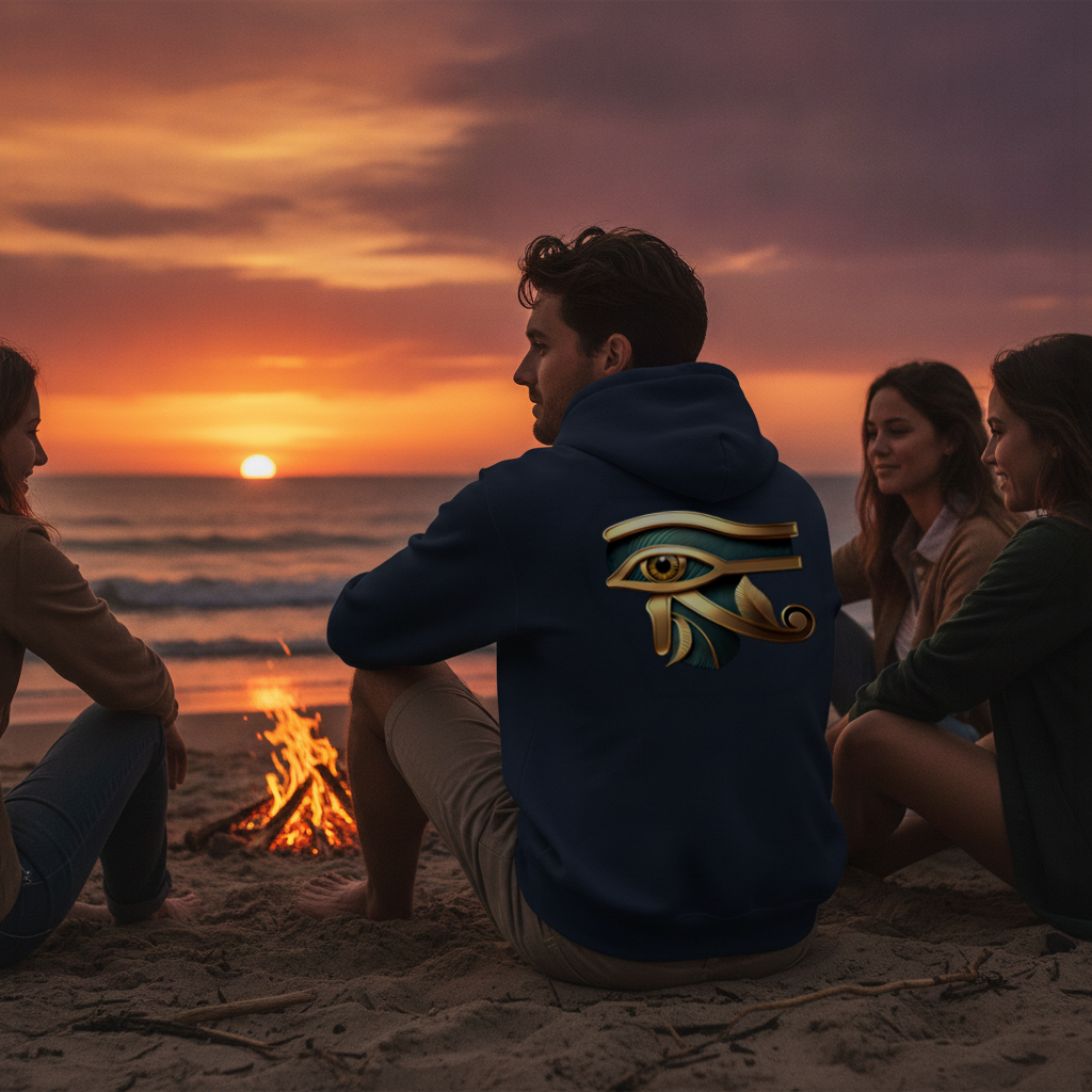 Male model wearing a navy blue hoodie with an egyptian symbol on the back, on the beach with friends.