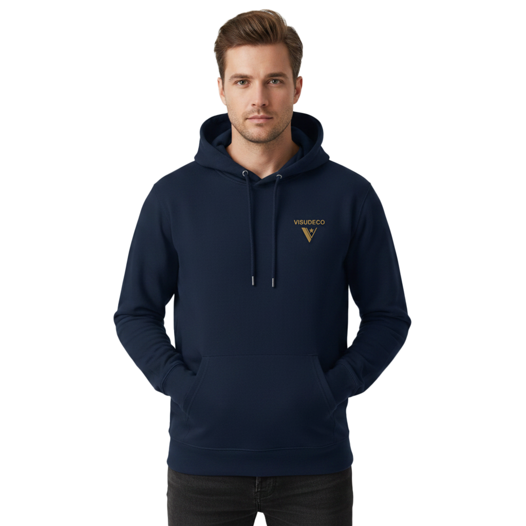 Person wearing a hoodie with logo on the front.