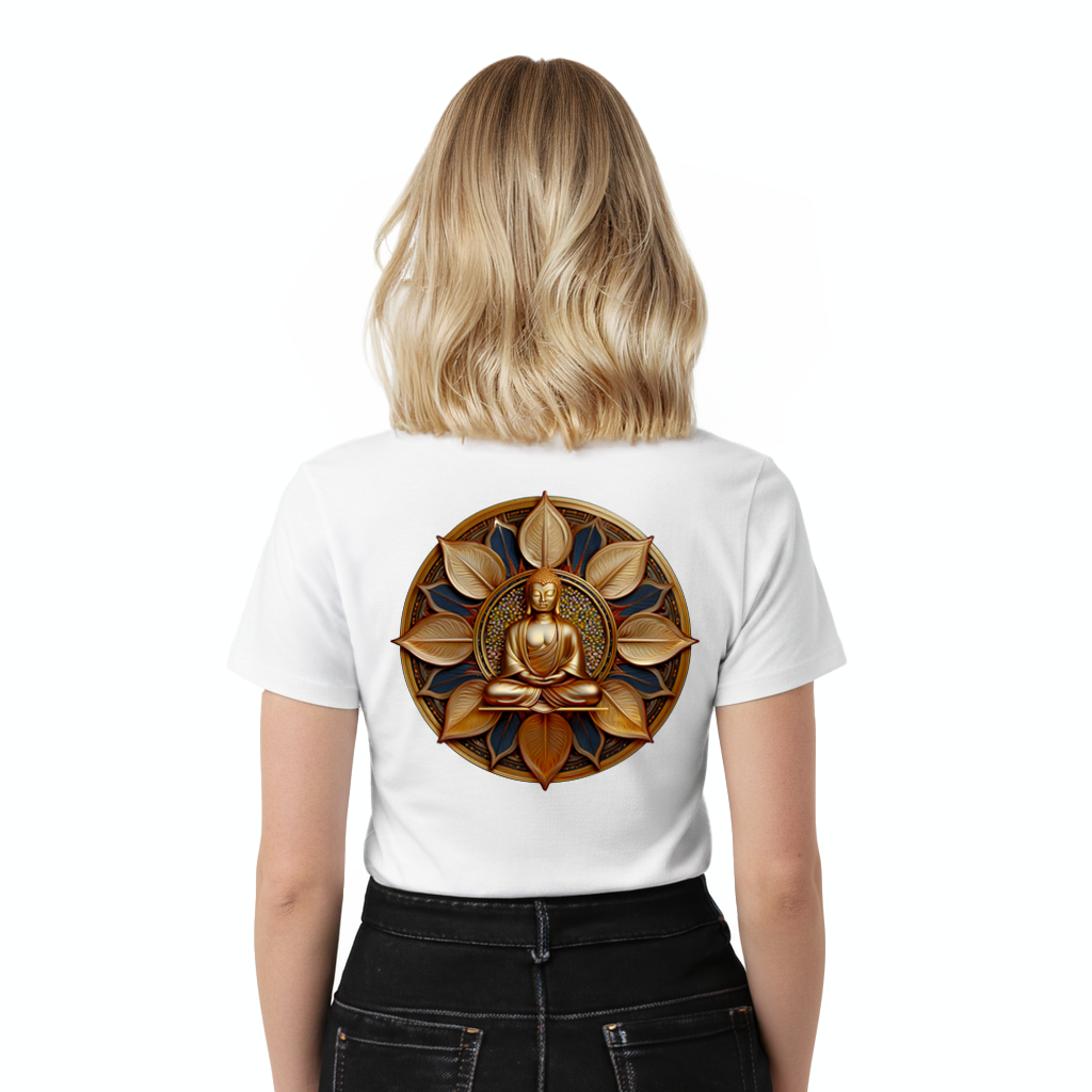 Woman wearing a white t-shirt with a gold and black circular design on the back