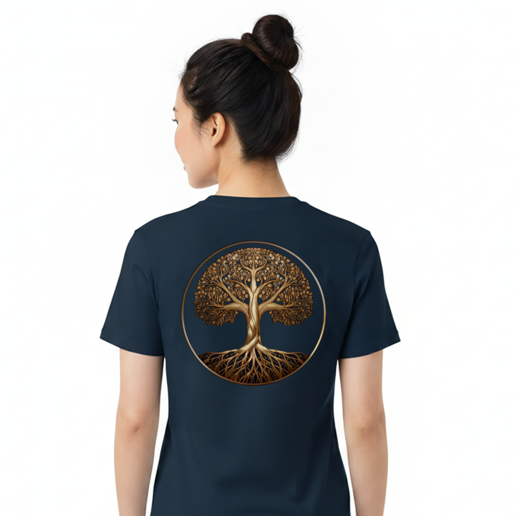 Person wearing a navy blue t-shirt with a tree design on the back, facing away from the camera.