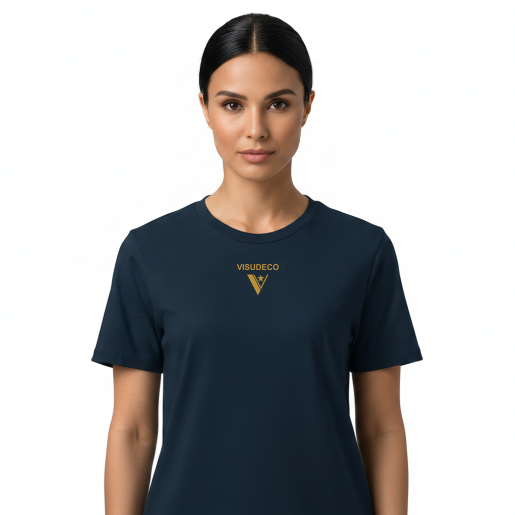 Person wearing t-shirt with golden logo on the front.