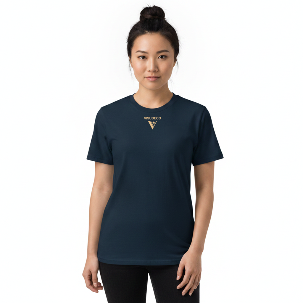 Woman wearing a navy blue t-shirt with a logo on a white background