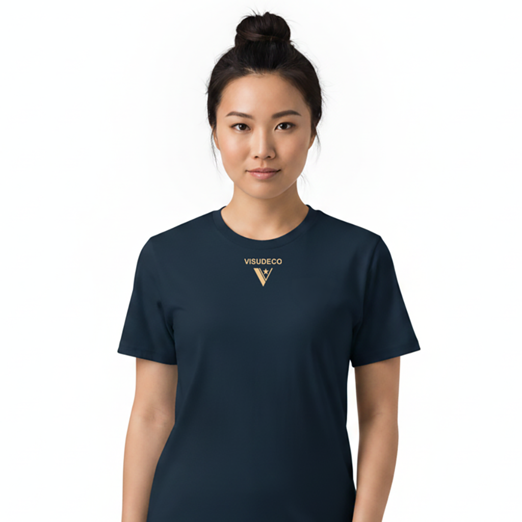 Woman wearing a navy blue t-shirt with a logo on a white background