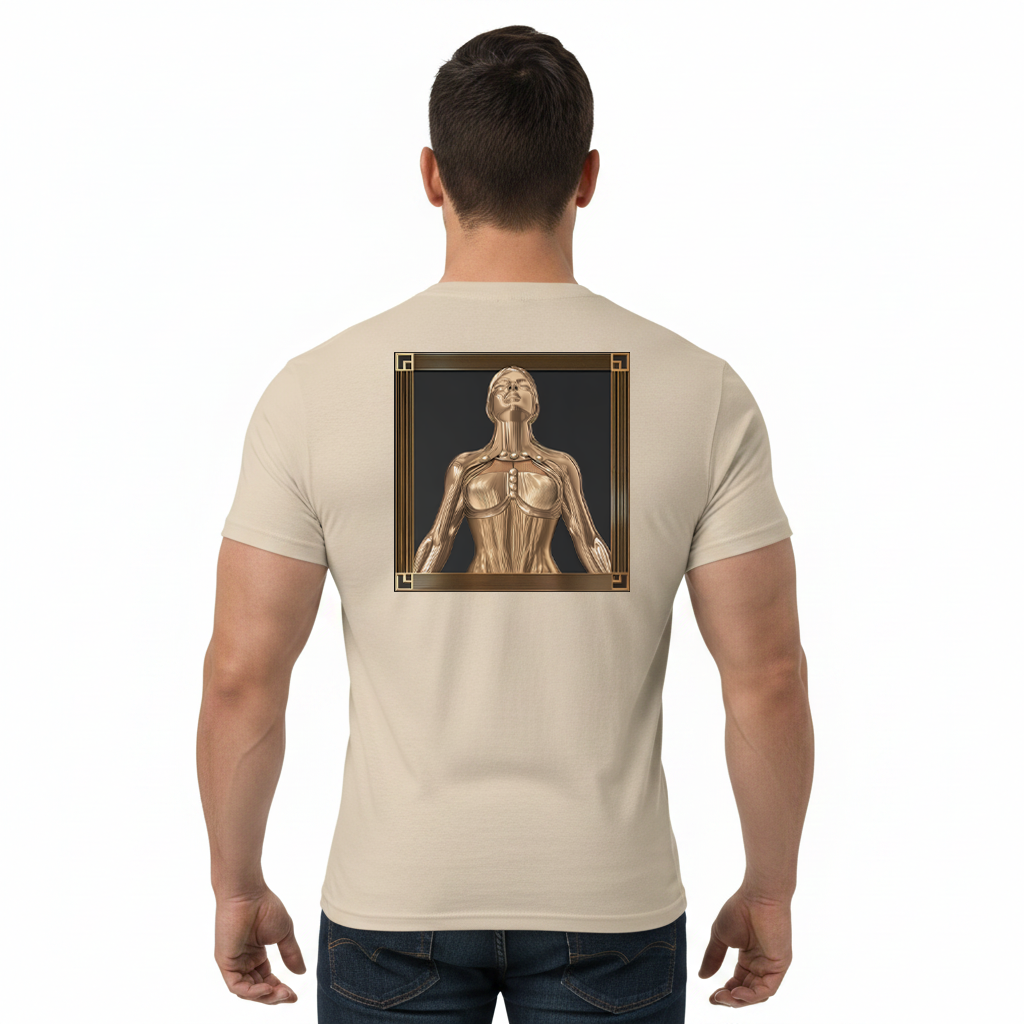 Man wearing a desert dust/beige t-shirt with a golden girl design on the back.