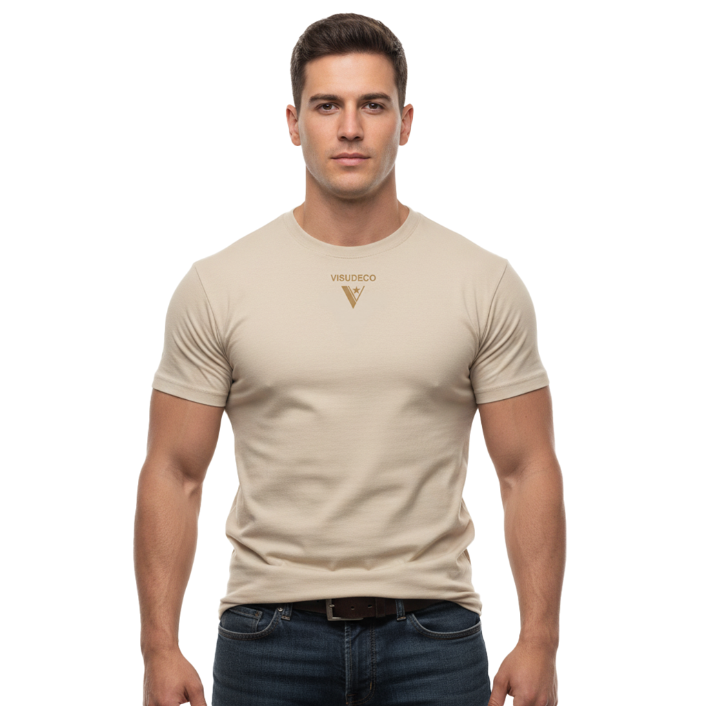 Man wearing a desert dust/beige t-shirt with a VISUDECO logo on the front.