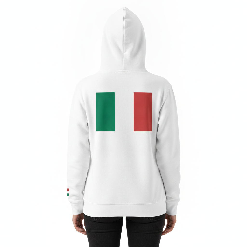 A white hooded sweatshirt shown from the back on a model, featuring the green and red vertical stripes of the Italian flag printed on the back.