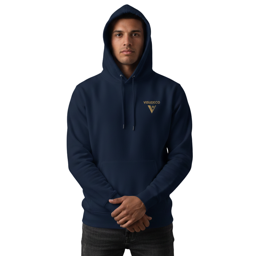 Person wearing a navy blue hoodie with a VISUDECO logo in front.