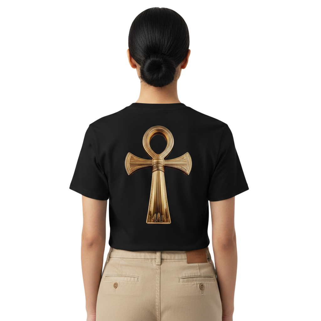 Woman wearing a black t-shirt with a golden symbol on the back.