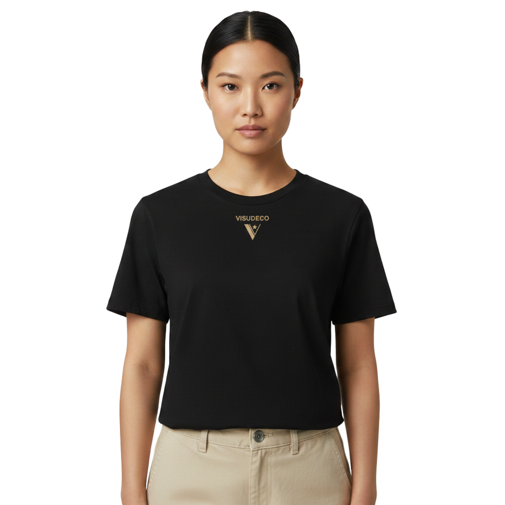 Woman wearing a black t-shirt with a golden logo in front.