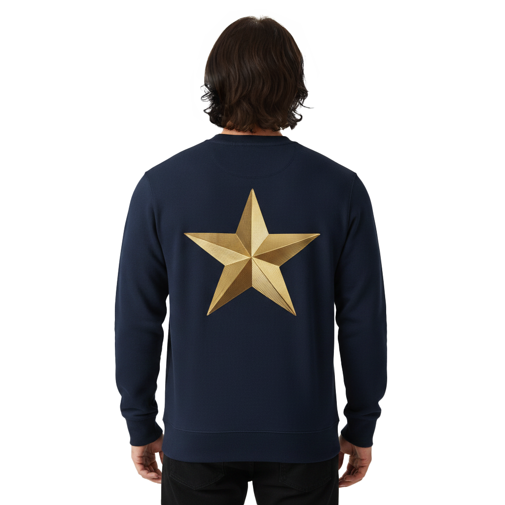 Person wearing a navy blue sweatshirt with a gold star on the back against a white background