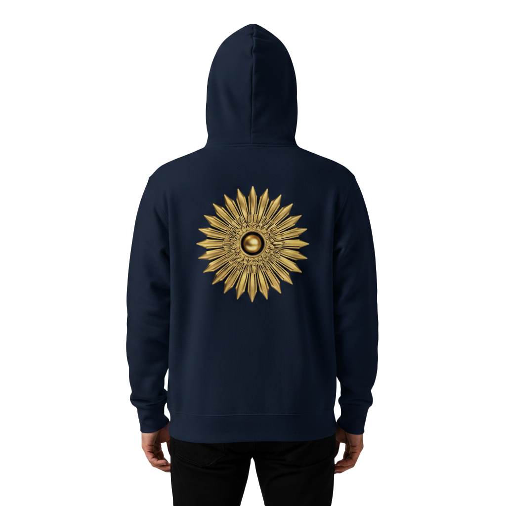 Person wearing hoodie with a golden sun on the back.
