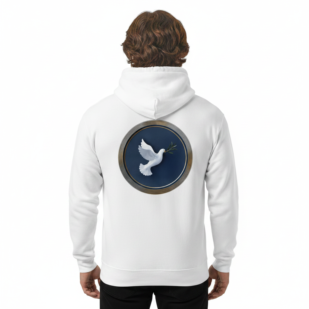 Man seen from the back in a white hoodie with a white dove as a peace symbol - on the back.