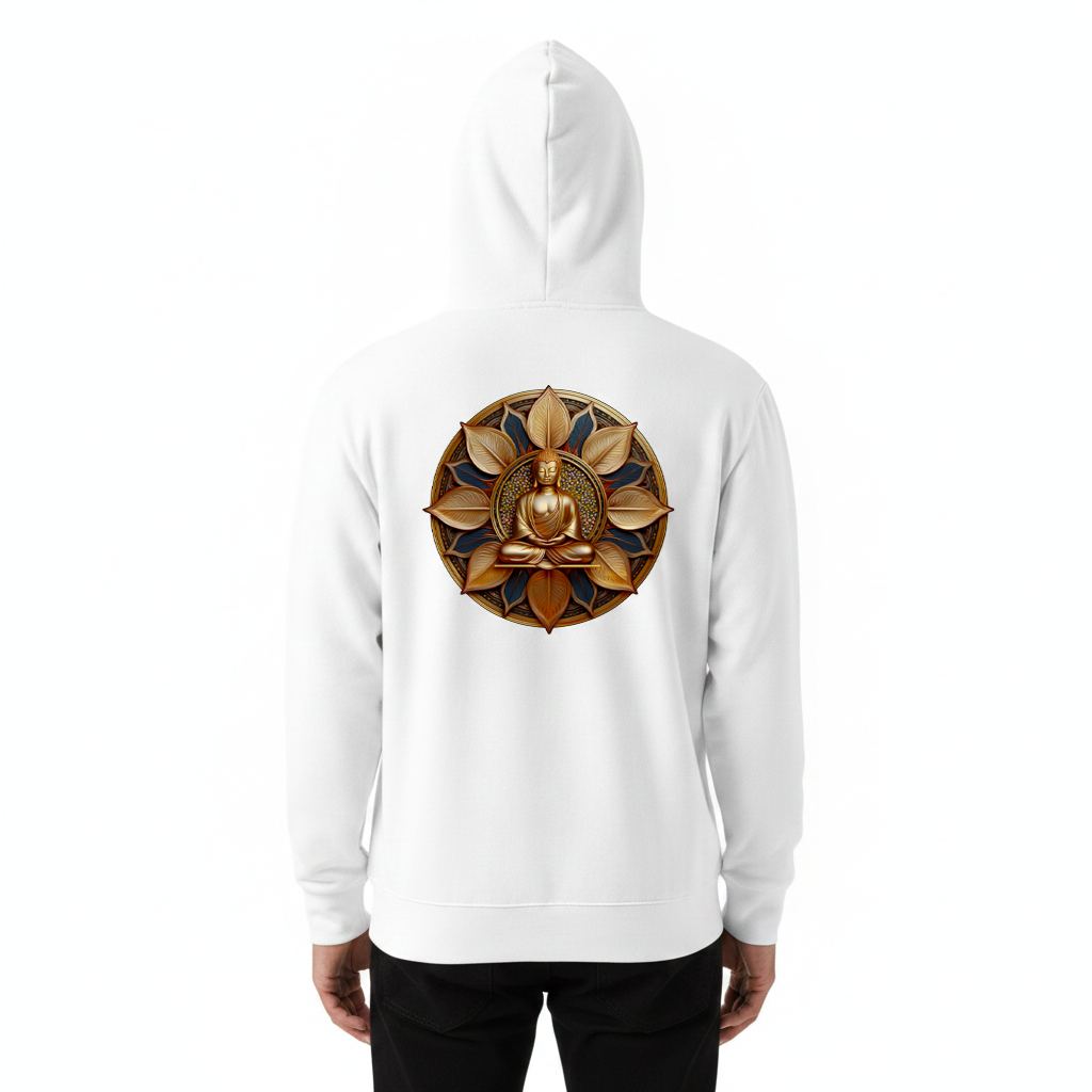 White hoodie with a gold Buddha design on the back against a white background
