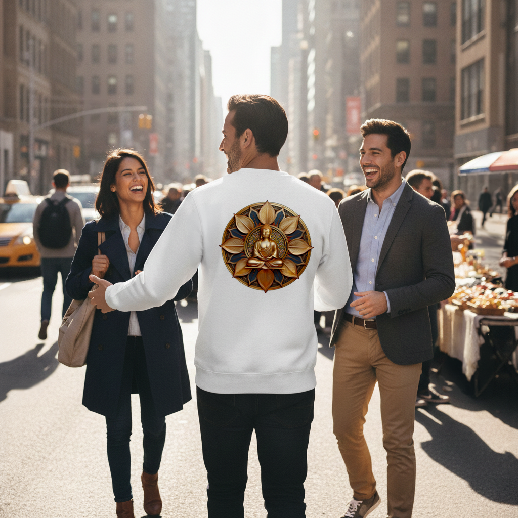 Male model wearing a white sweashirt with a Buddha design, seen from the back, with friends on the street.