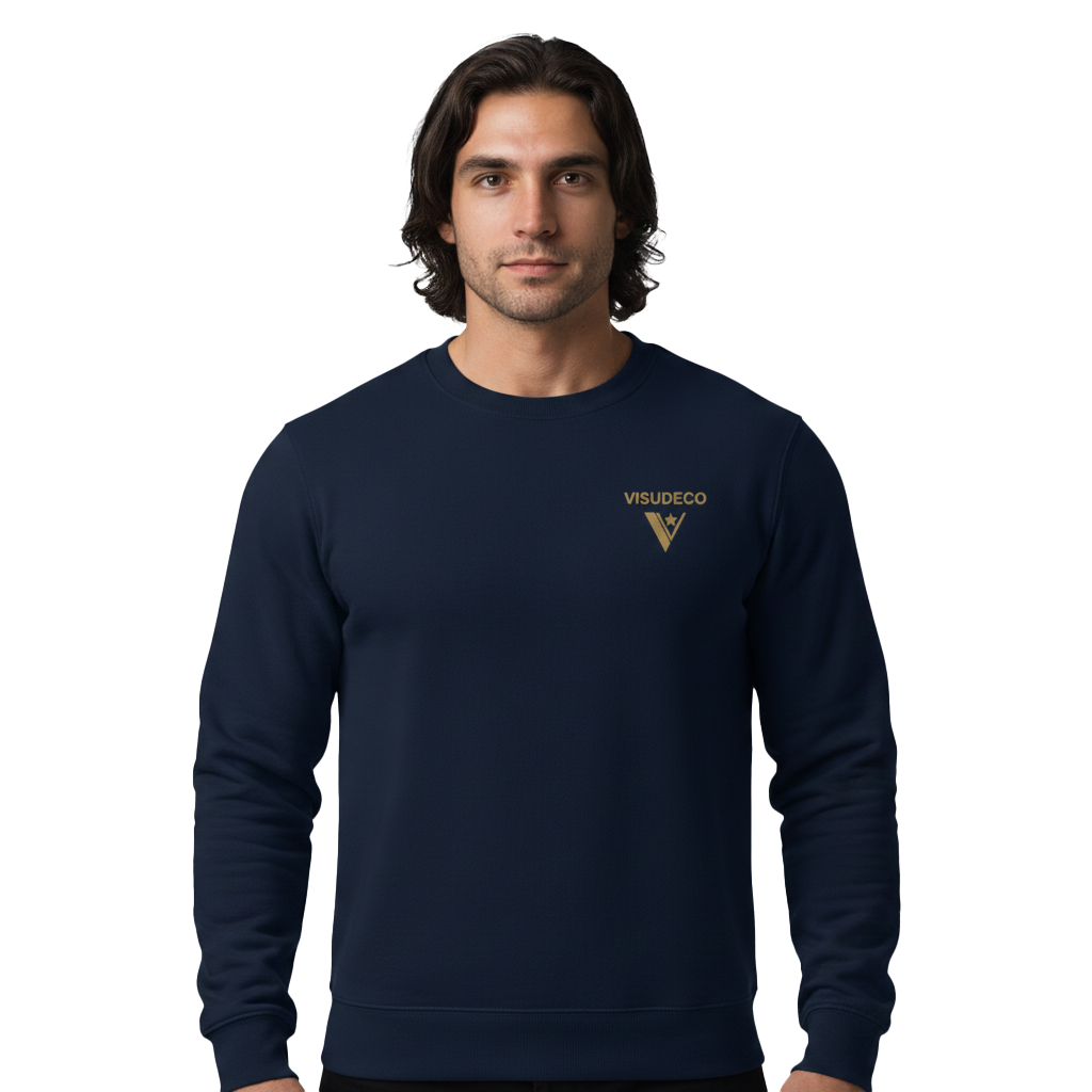 Man wearing a navy blue sweatshirt with logo in front.