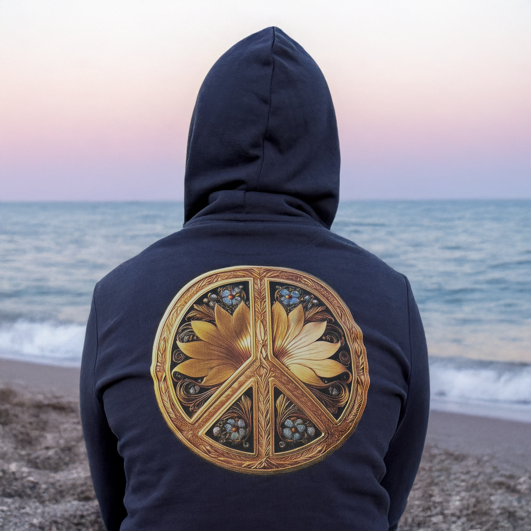 Person wearing a hoodie with a peace symbol design on a beach