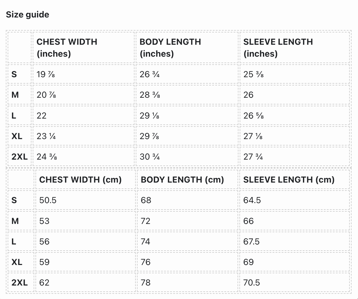 Size chart for sweatshirts.