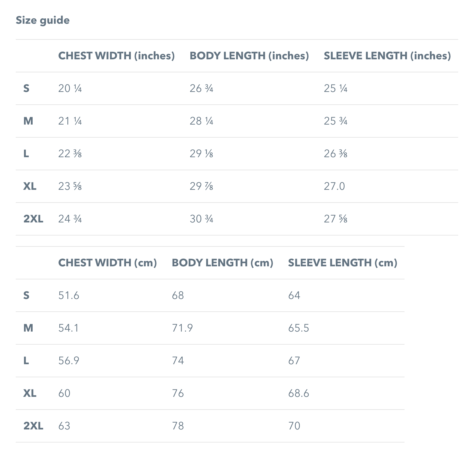 Size chart for unisex hoodies.