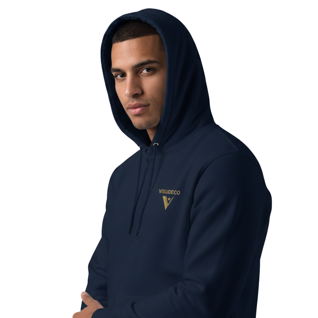 Person wearing a navy blue hoodie with logo on the front.