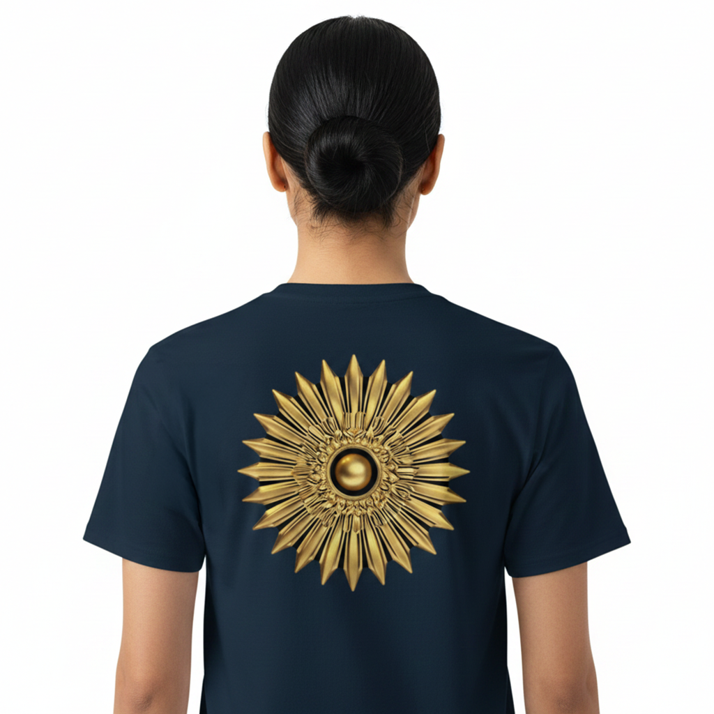 Person wearing a navy blue t-shirt with a gold sun design on the back against a white background