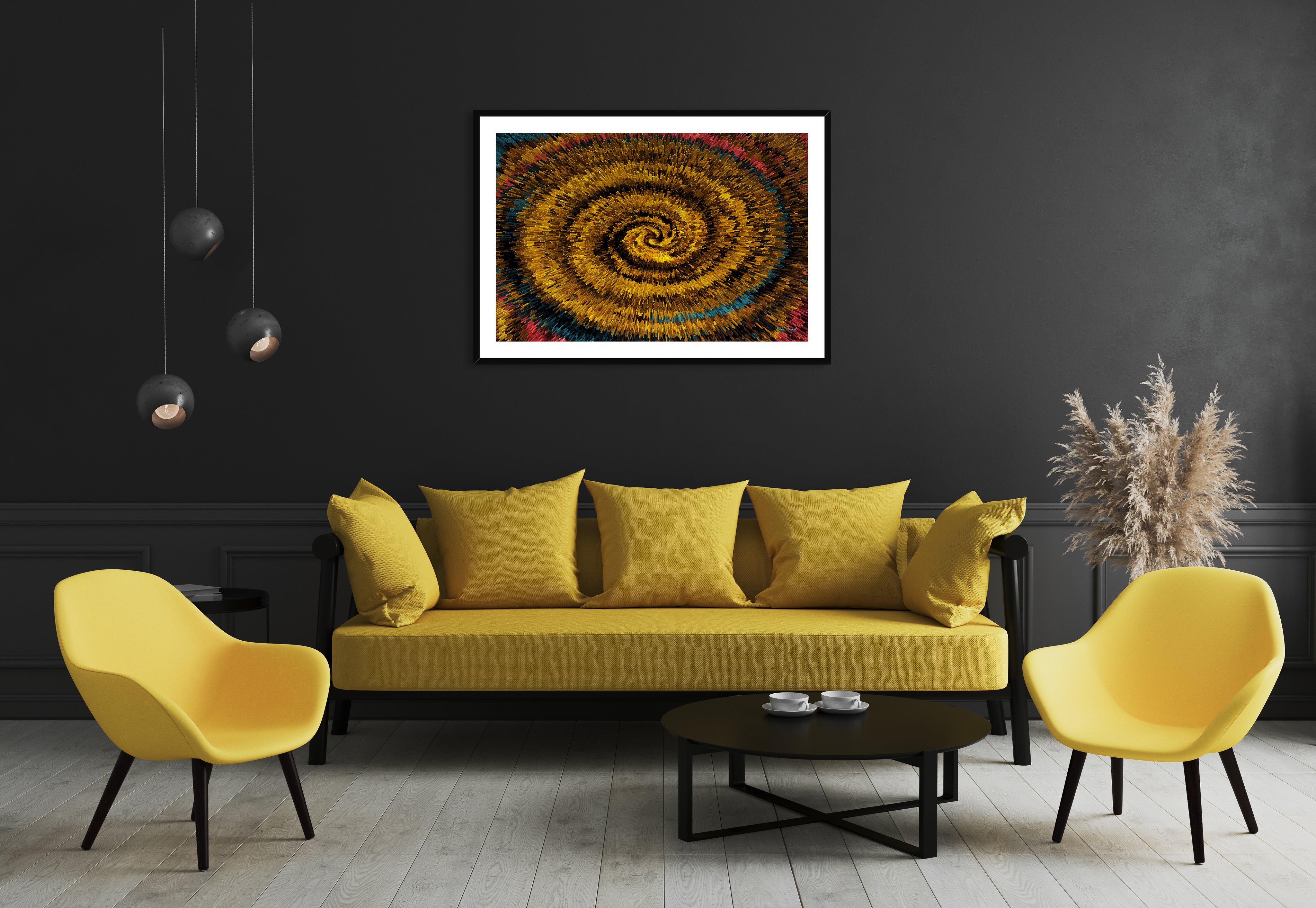 Golden -, lounge setup on a dark wall of - Effect 2B - Framed & Mounted Print.