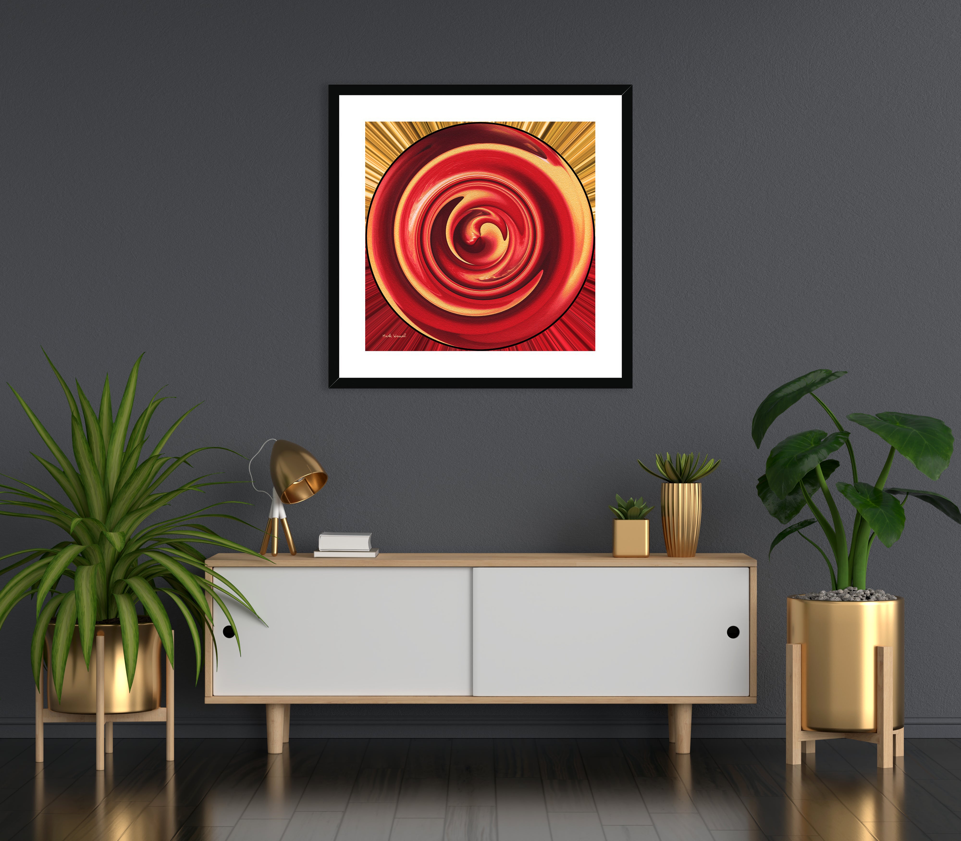Passion - Framed & Mounted Print - in an art deco style setup on - a dark wall.
