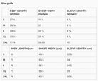 Size chart for unisex t-shirts.