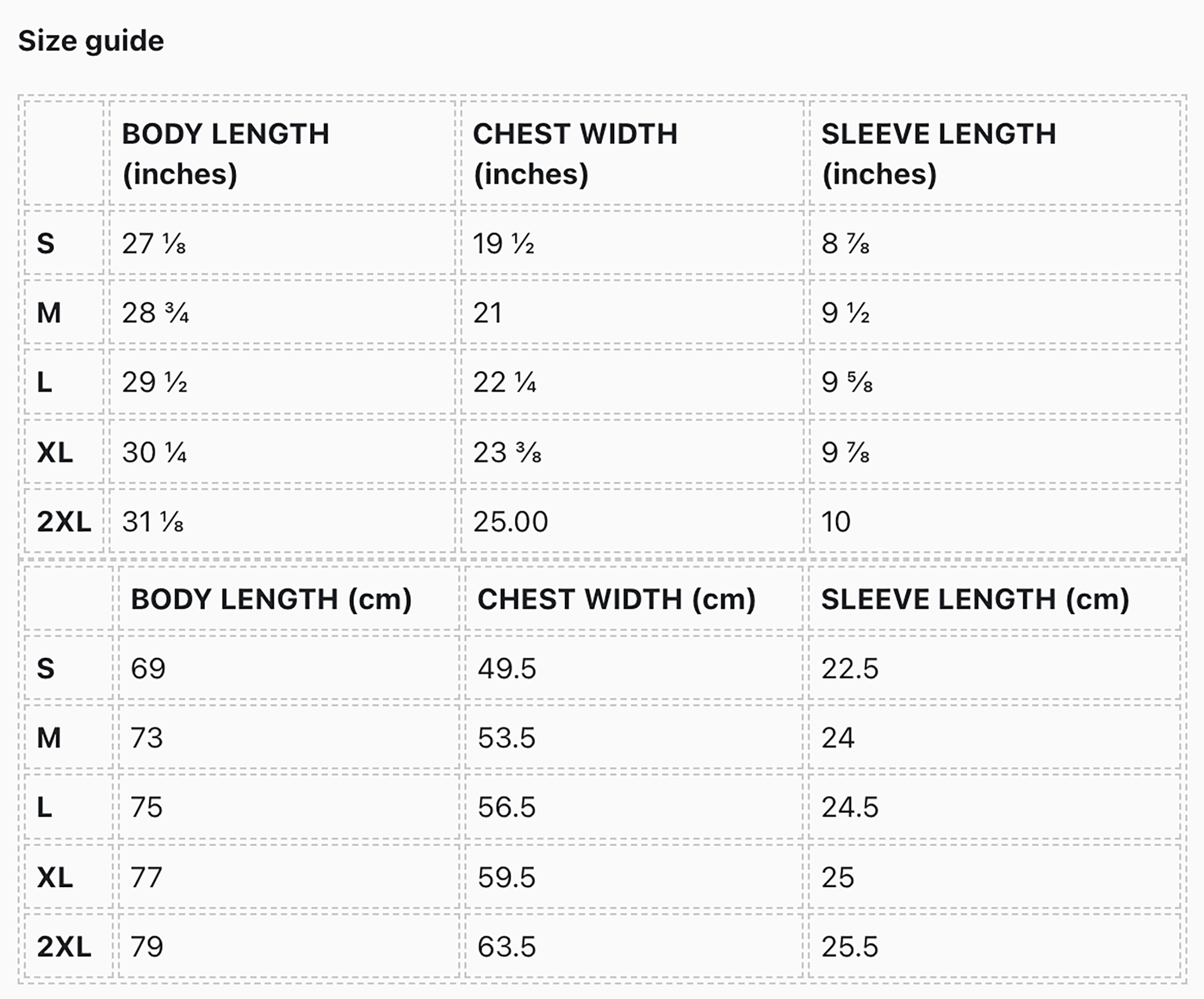 Size chart for unisex t-shirts.