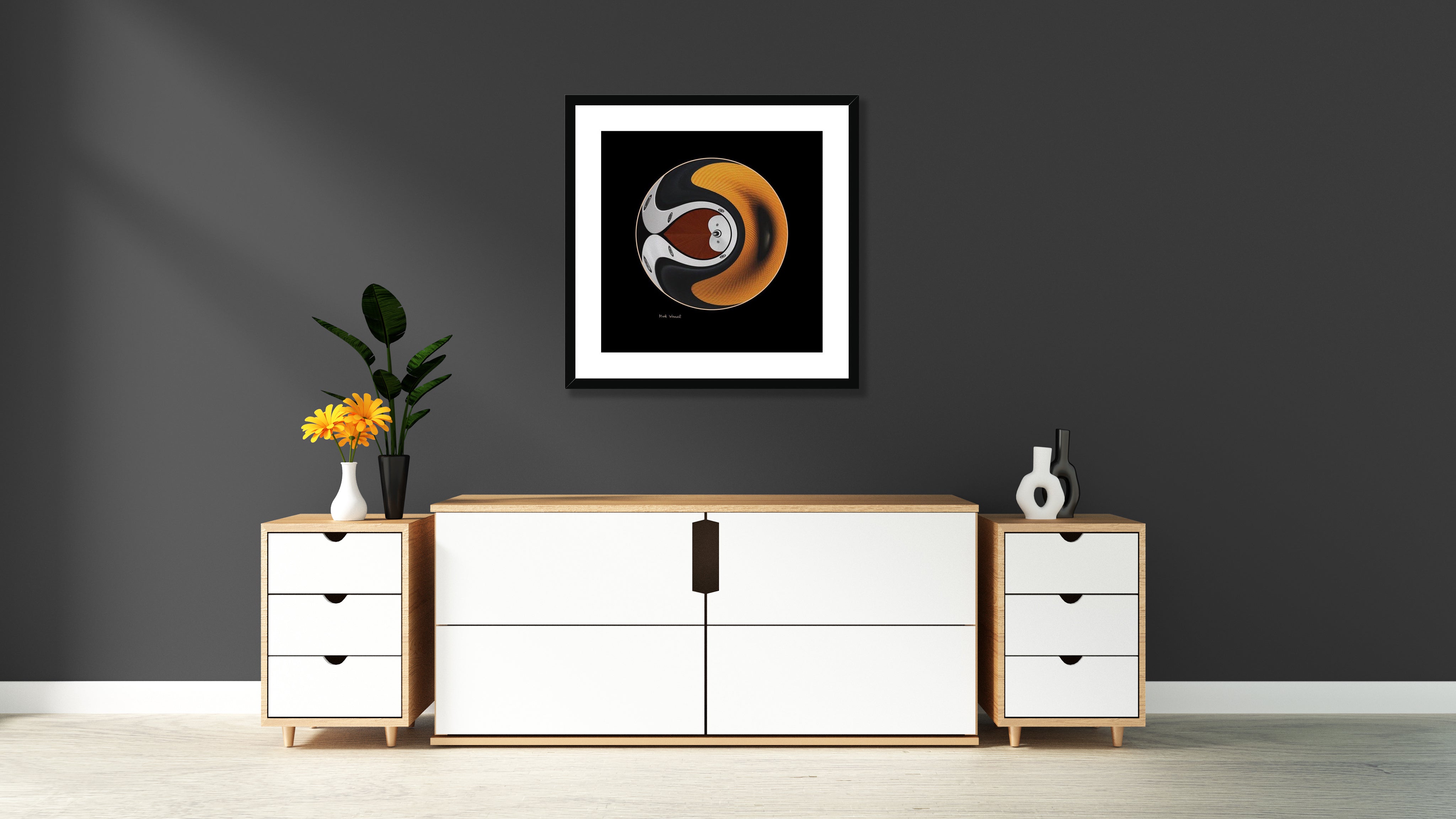 Traveler - Framed & Mounted Print - in a modern setup, on a dark wall.