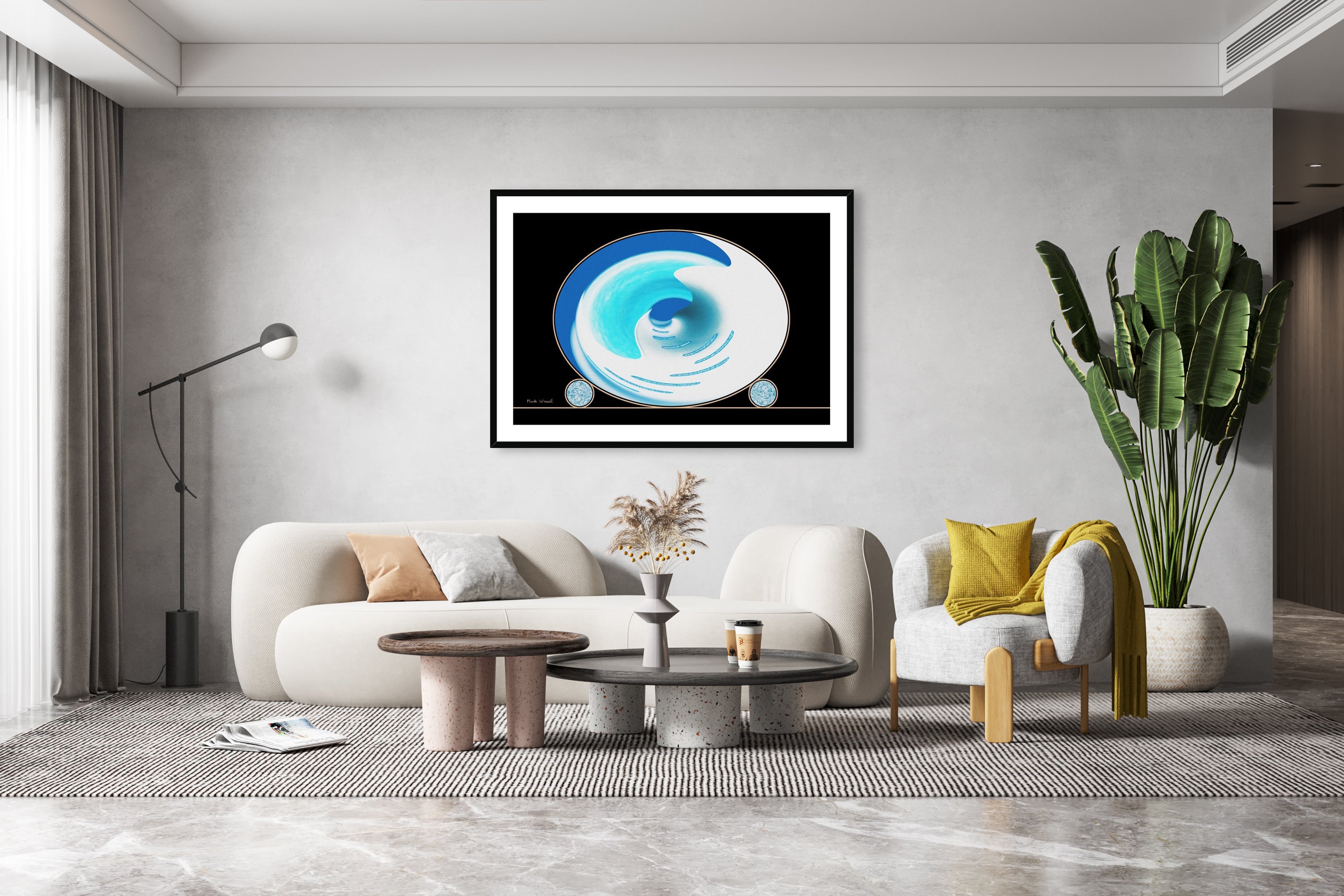 Winterscape - Framed & Mounted Print - in a modern -, light -, livingroom setup.