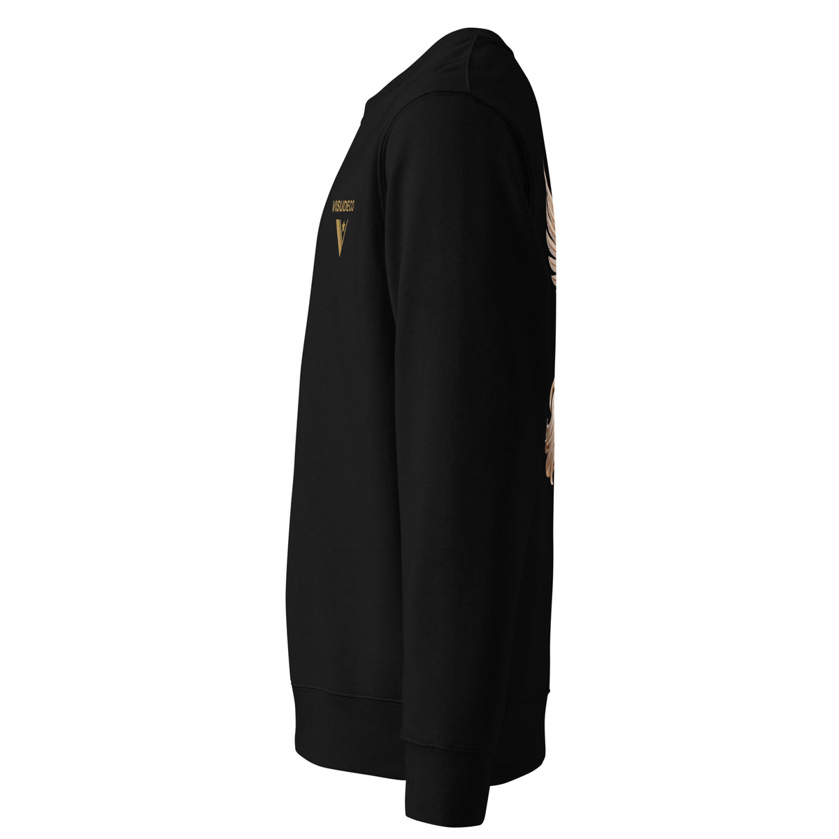 Black sweatshirt with a small golden visudeco logo on a white background.