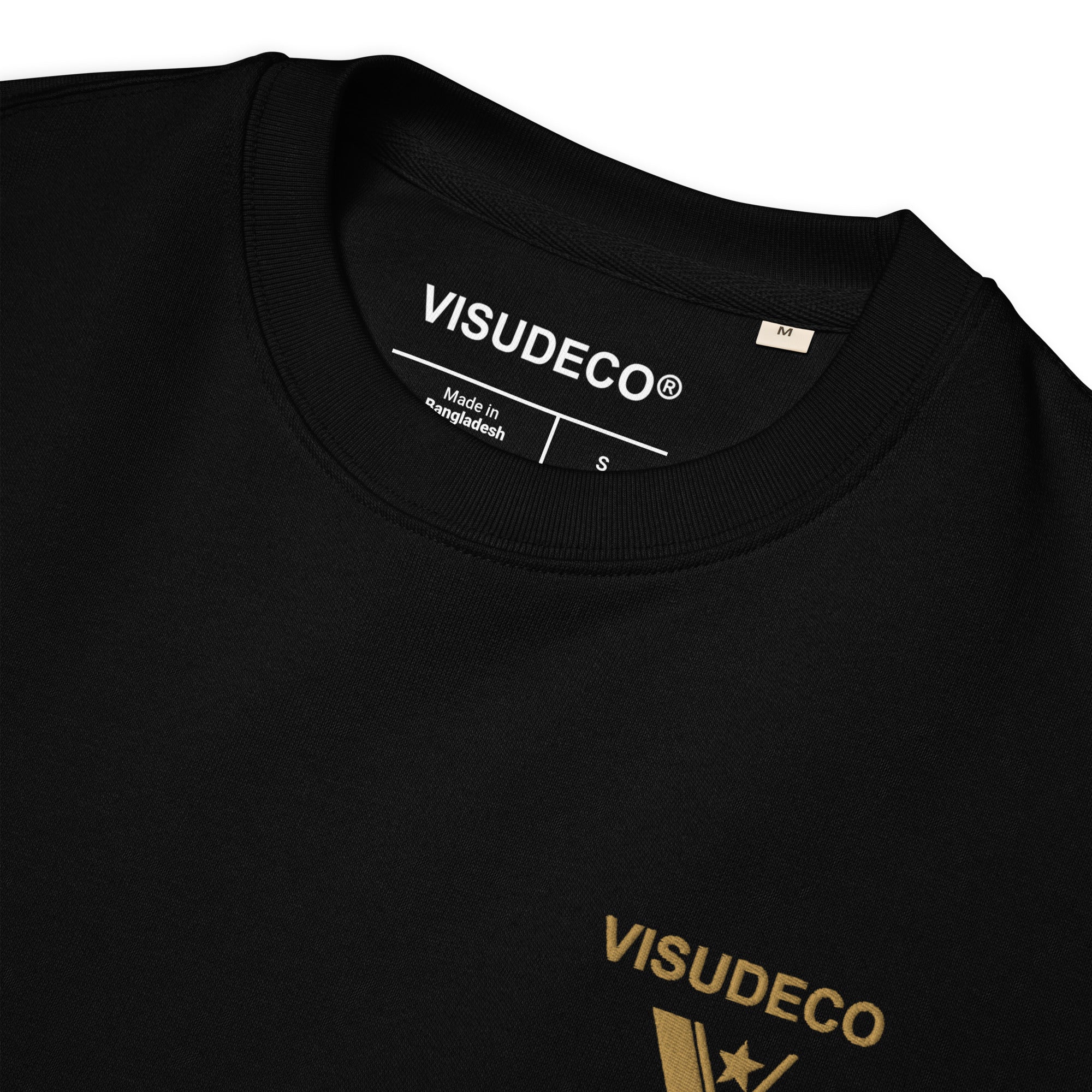 Black sweatshirt with 'VISUDECO' branding on a white background.