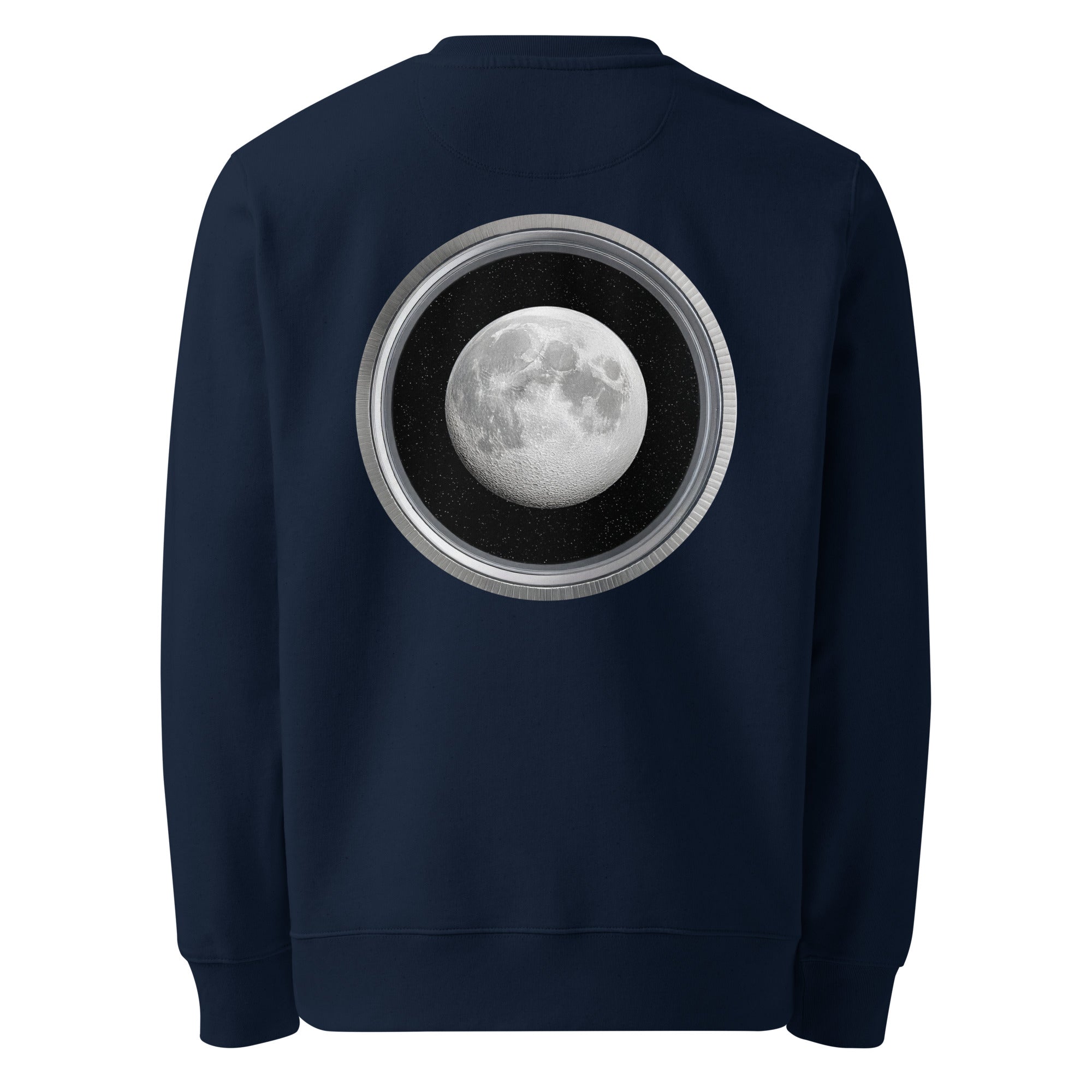Moon - Organic Cotton Sweatshirt in Navy Blue with a moon design printed on the back.