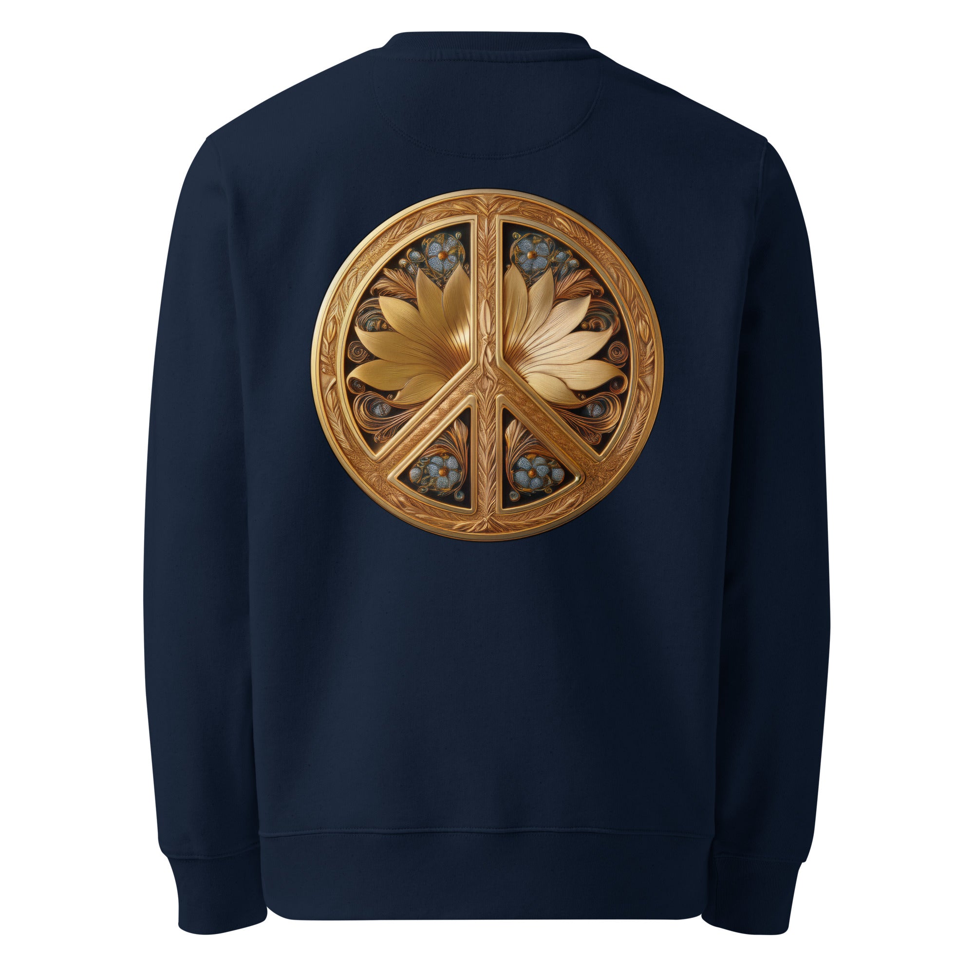 Flower Power - Organic Cotton Sweatshirt in Navy Blue with a decorated peace symbol on the back.