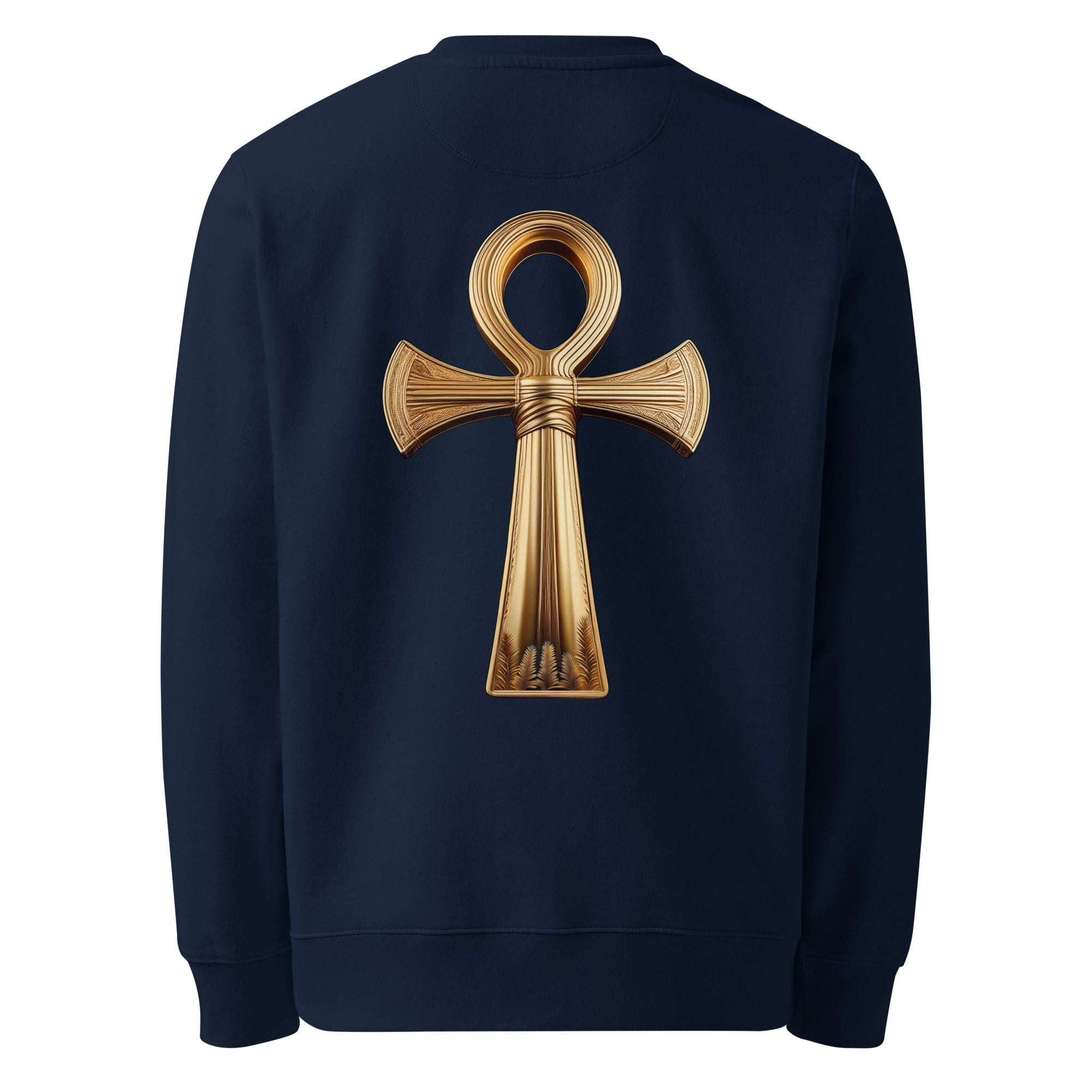 Key of Life - Organic Cotton Sweatshirt in Navy Blue with a golden egyptian symbol on the back.