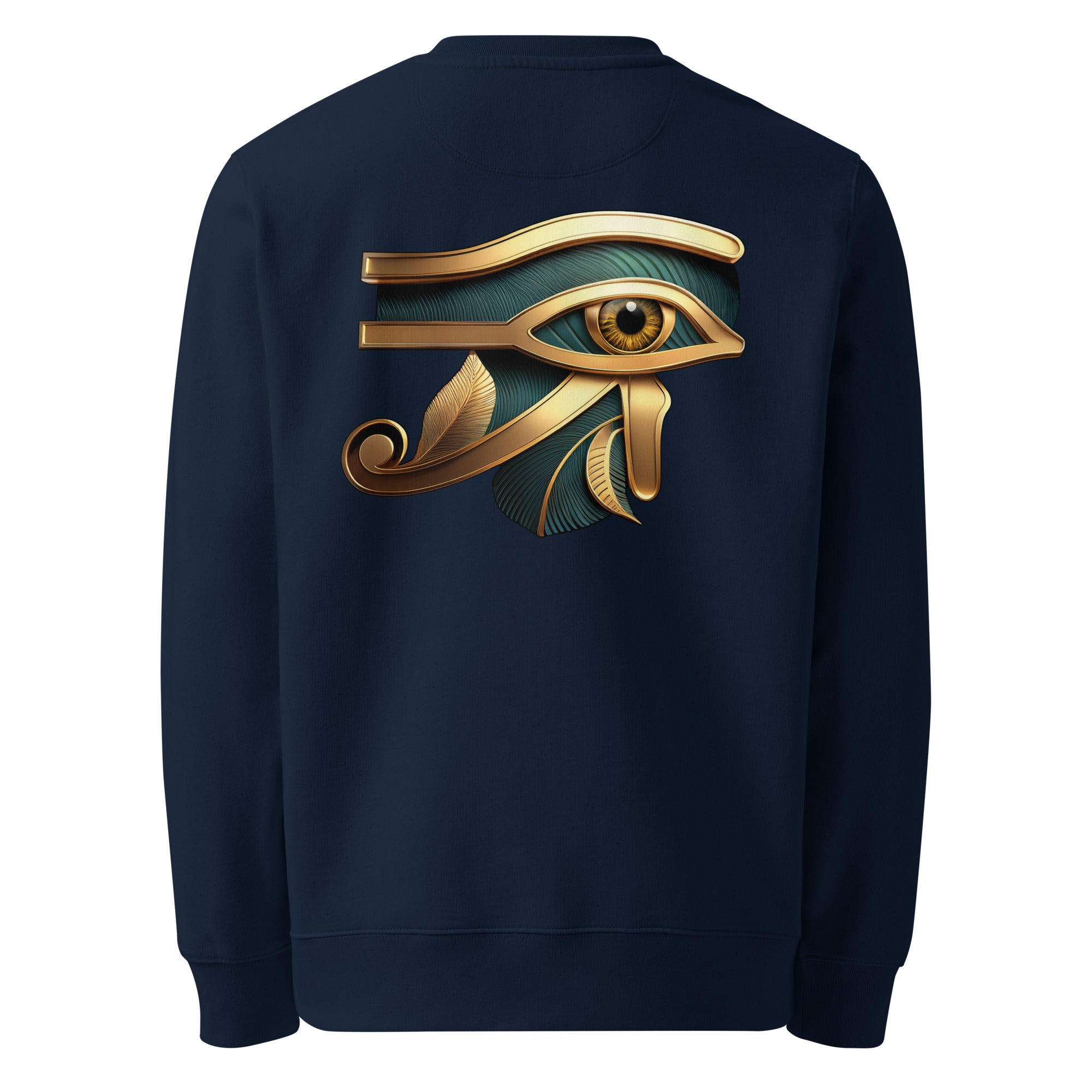 Eye of Horus - Organic Cotton Sweatshirt in Navy Blue with golden design printed on the back.