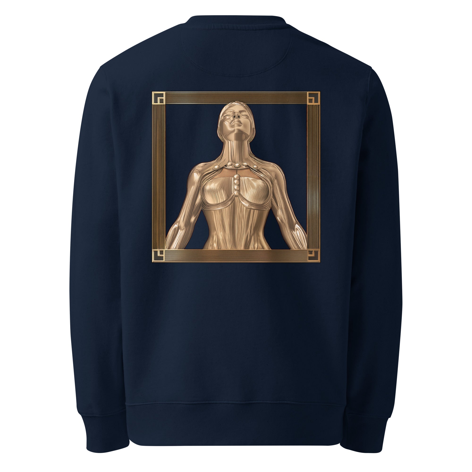 Golden Girl - Organic Cotton Sweatshirt in Navy Blue with a golden girl design printed on the back.