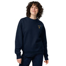 Organic Cotton Sweatshirt in Navy Blue on female model with logo embroidered on the front.