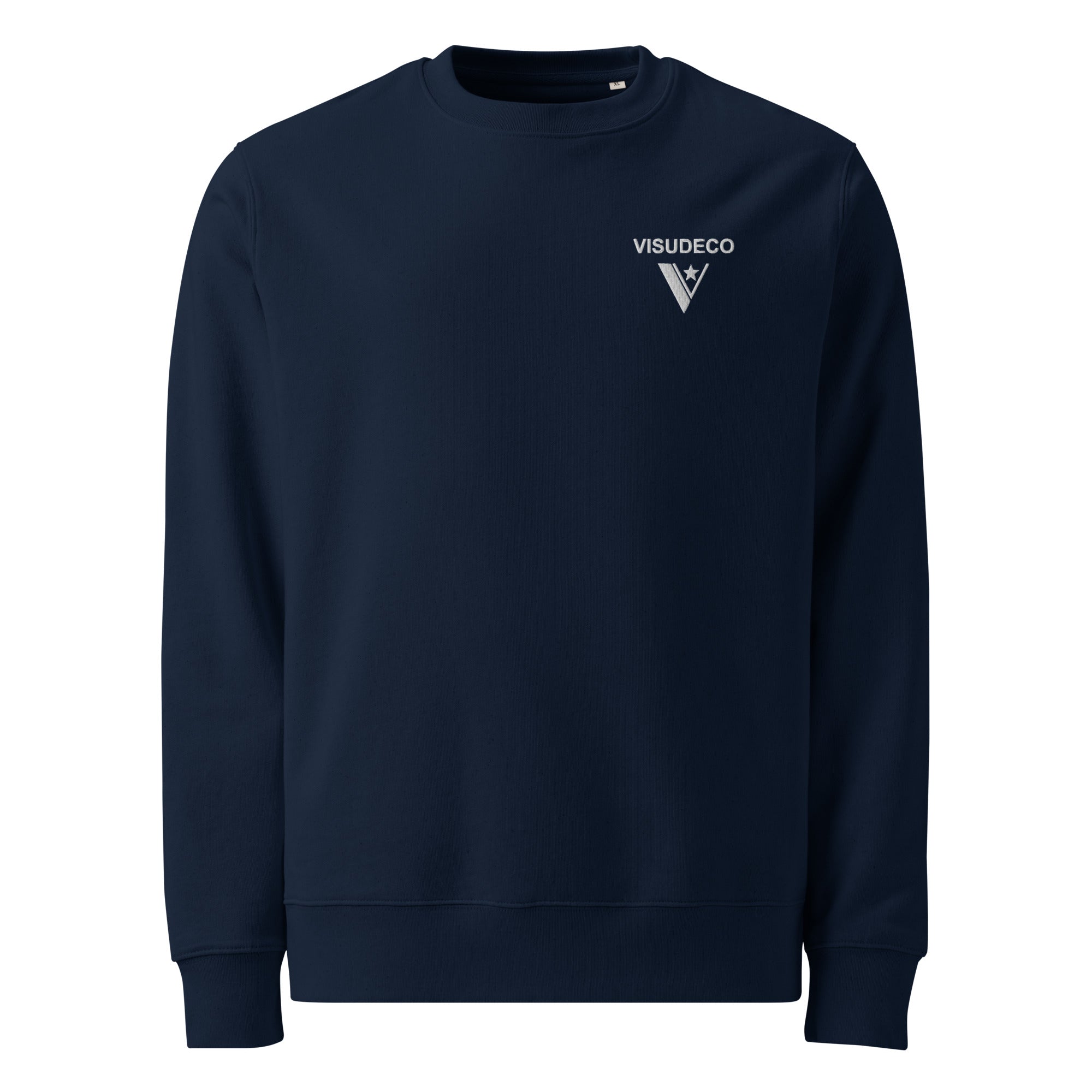 Organic Cotton Sweatshirt in Navy Blue with logo embroidered on the front left of chest.