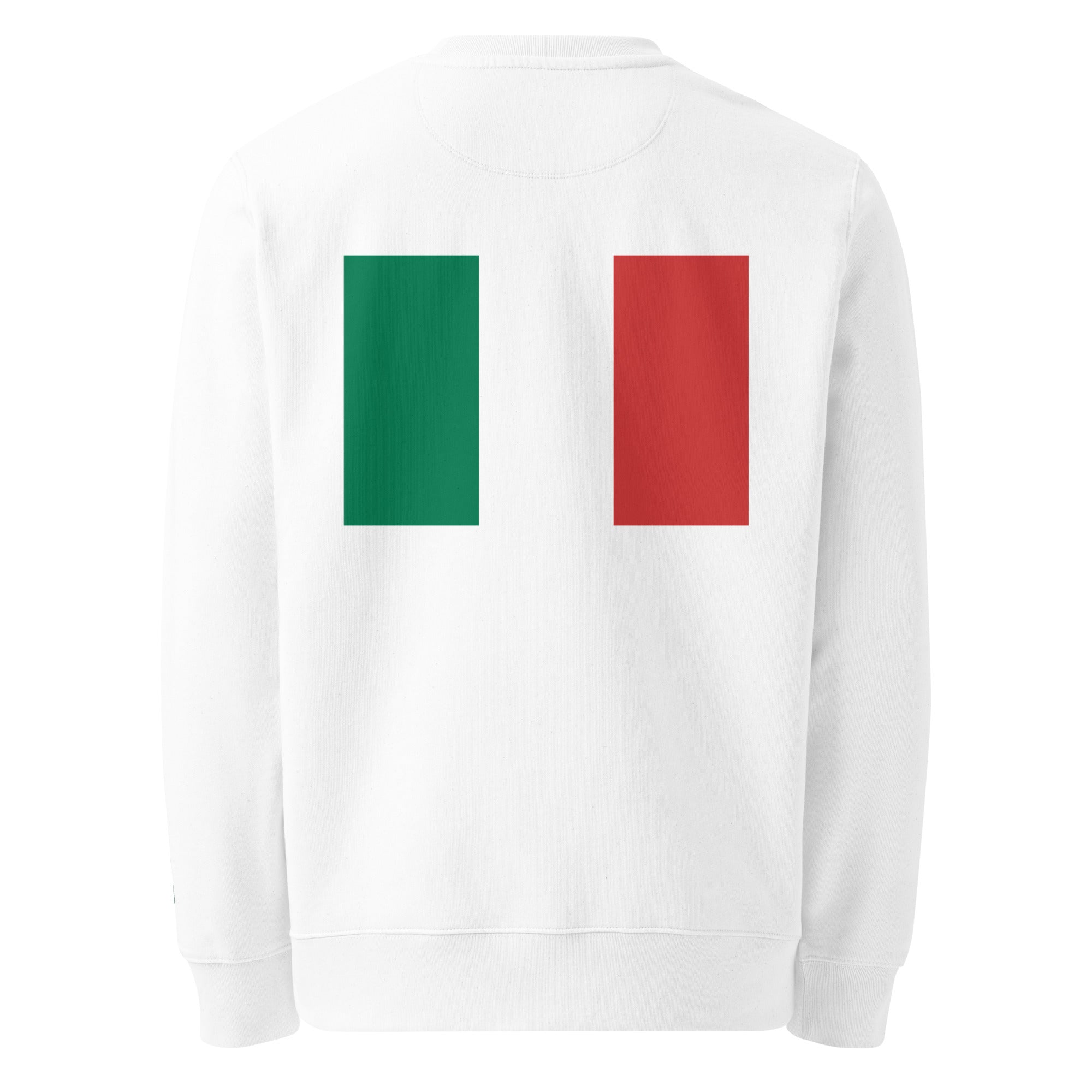 Italian Flag - Organic Cotton Sweatshirt in White with flag printed on the back.