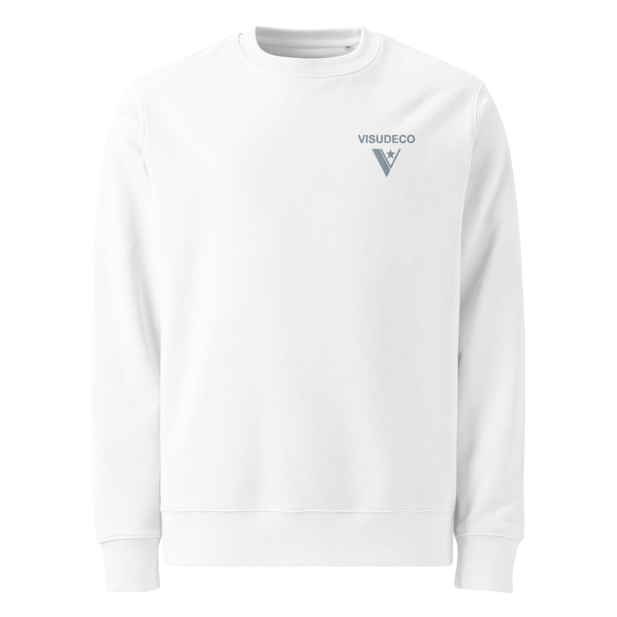 Organic Cotton Sweatshirt in white with visudeco logo embroidered on the front.
