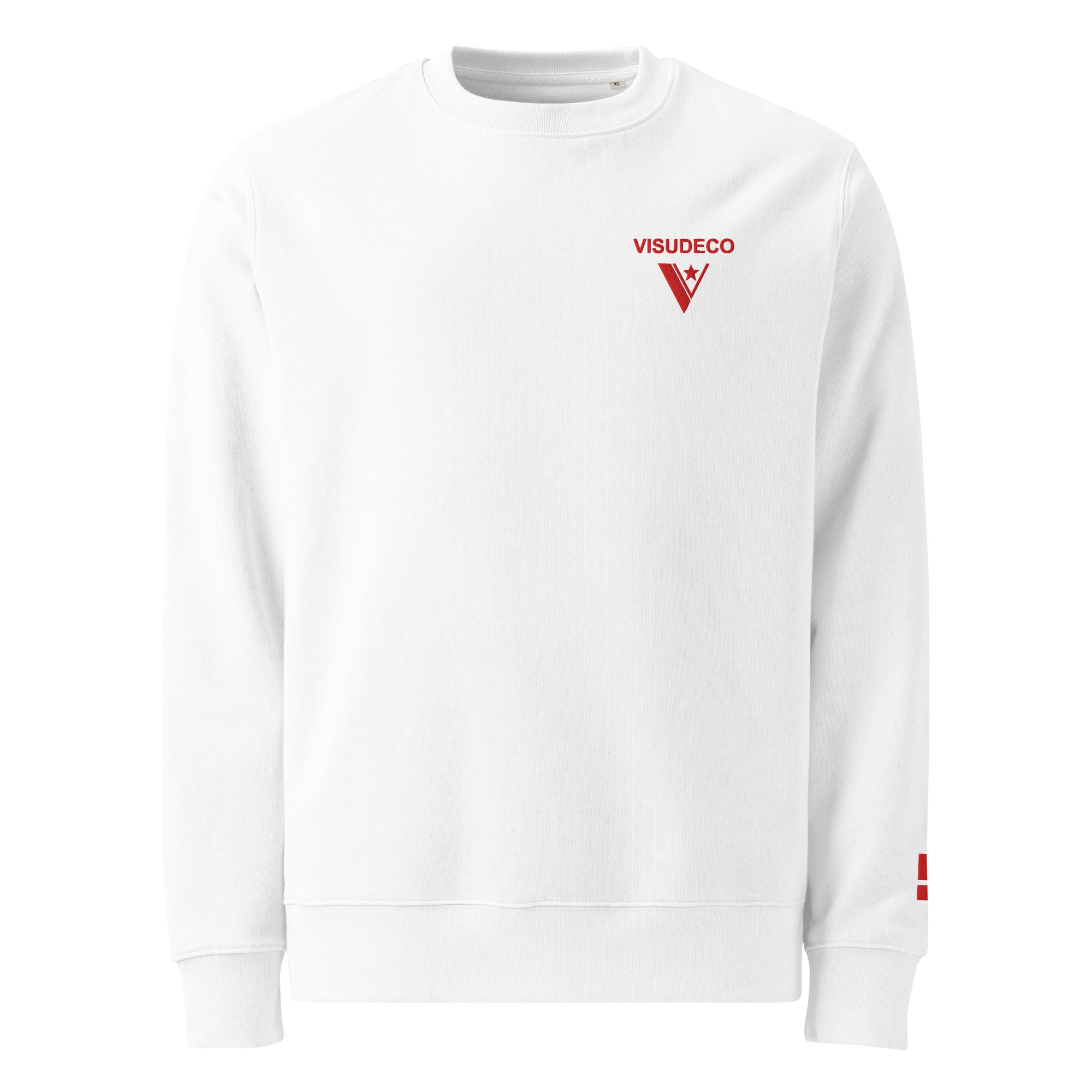 Organic Cotton Sweatshirt in White with red visudeco logo embroidered in front.