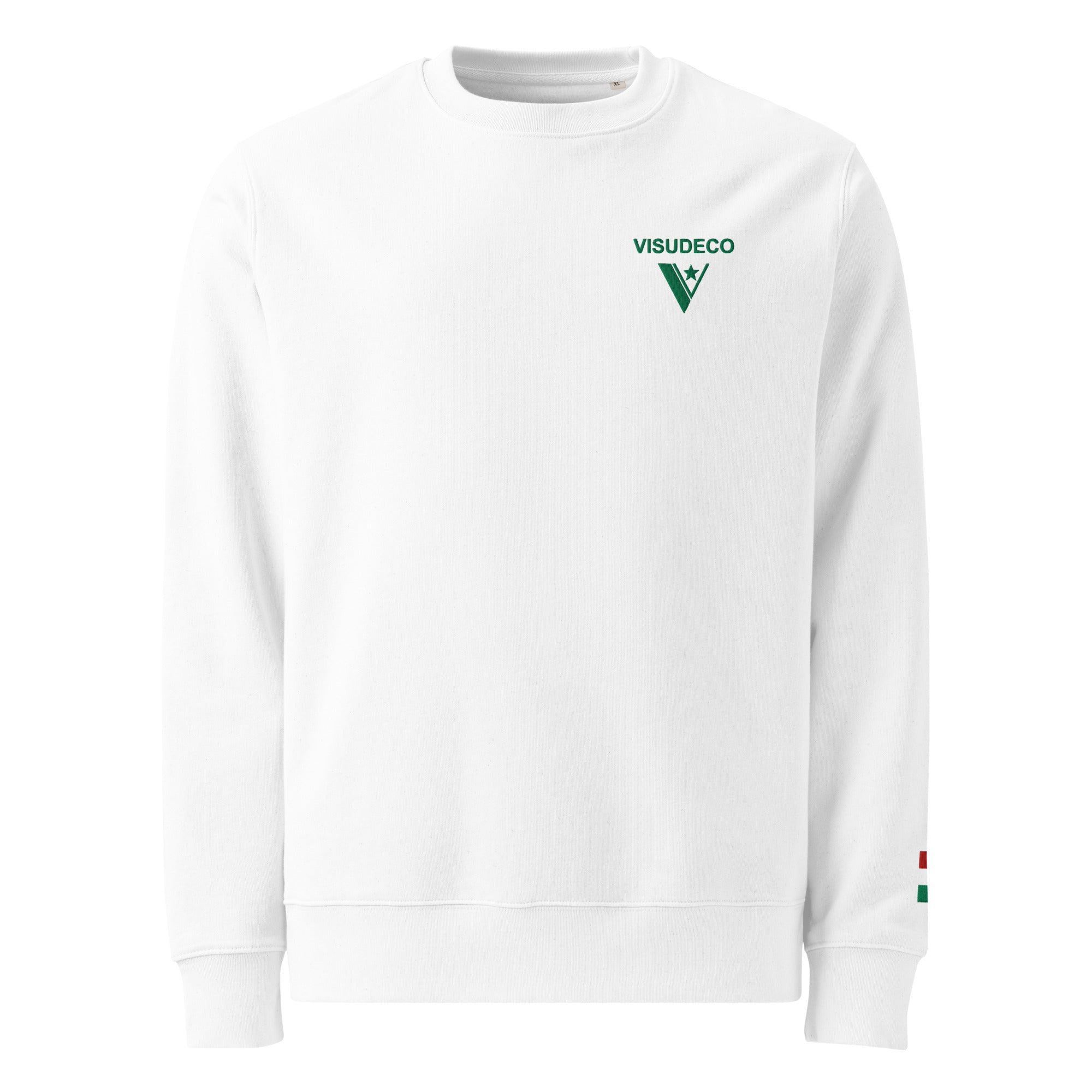Organic Cotton Sweatshirt in White with green visudeco logo embroidered in front.